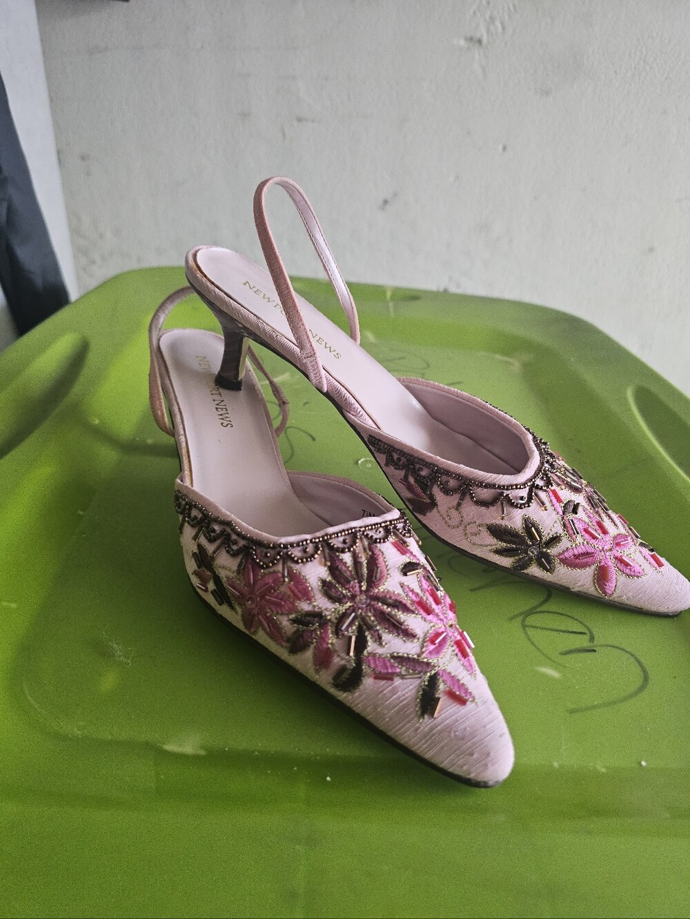 Pink Embroidered Slingback Kitten Heels